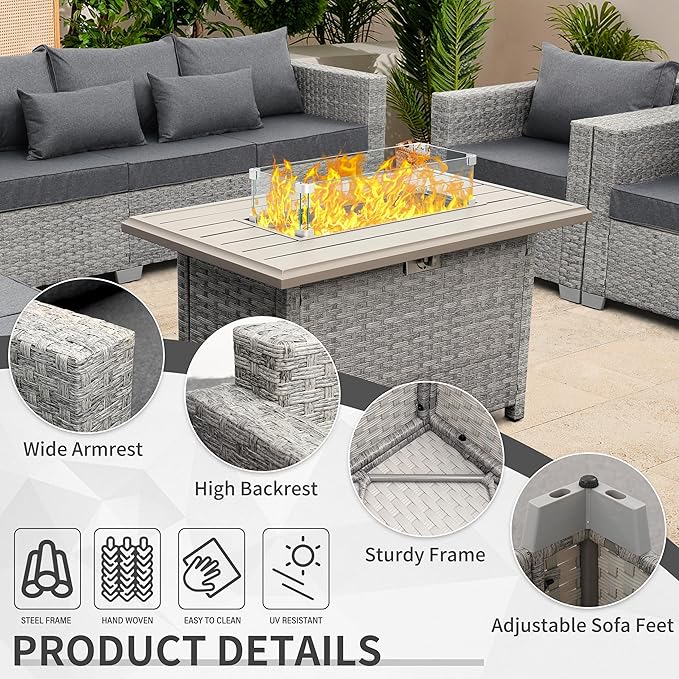 WAROOM Patio Furniture Set 6 Piece PE Rattan Outdoor Conversation Sets Grey Wicker Couch Sectional Sofa with Fire Pit Table and Grey Cushion