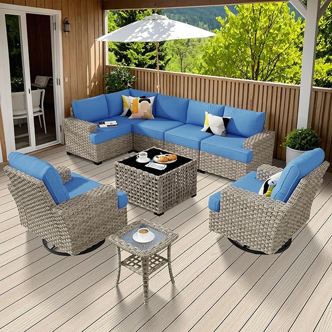 Weaxty 9 Pieces Patio Furniture Set, Outdoor Sectional Furniture Sofa Set w/Swivel Rocking Chairs Coffee Table, PE Wicker Modular Couch Conversation Set for Backyard Garden,Sapphire Blue