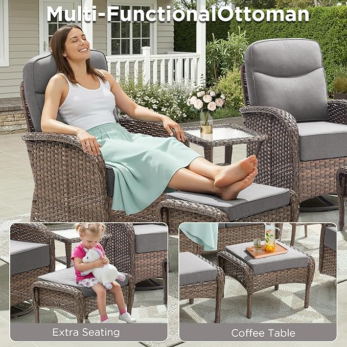 8 Pieces Luxury Outdoor Patio Furniture Set with 6-Inch Thick Cushions, Wicker Outdoor Furniture with High Back Swivel Patio Chairs Set of 4, Patio Conversation Set for Deck Garden Porch, Gray