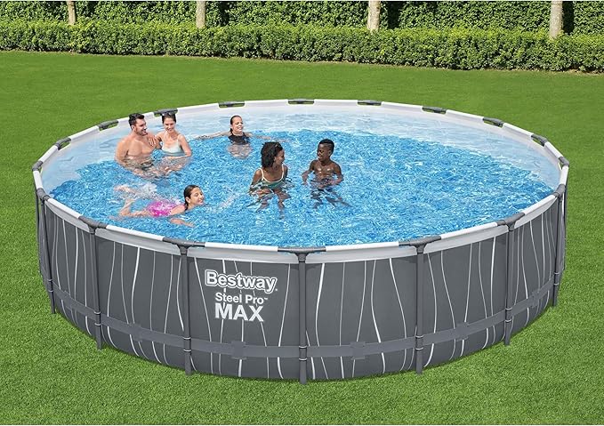 Bestway Steel Pro MAX 18' x 48" Above Ground Pool, Round Metal Frame Outdoor Swimming Pool Set with LED Light, Filter Pump, Ladder, & Cover, Dark Gray