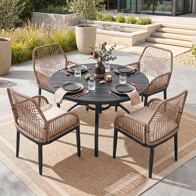 NUU GARDEN 5-Piece Outdoor Dining Set, Round Outdoor Table and Chairs for 4, All Weather Patio Furniture Set with Umbrella Hole, Handwoven Twisted Rattan Outdoor Chairs with Cushions, Brown and Black