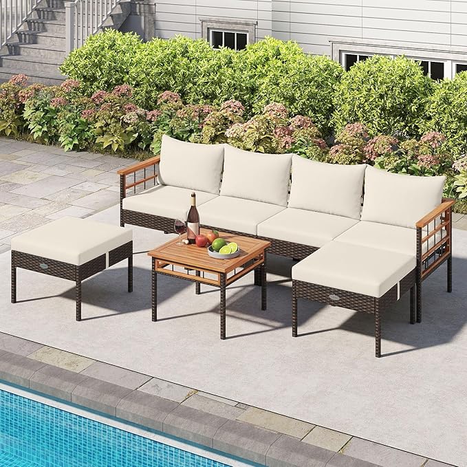 Tangkula 7 Pieces U Shaped Outdoor Wicker Furniture Set, Patio Cushioned Rattan Chairs with Ottomans & Side Table, for Backyard, Porch, Balcony