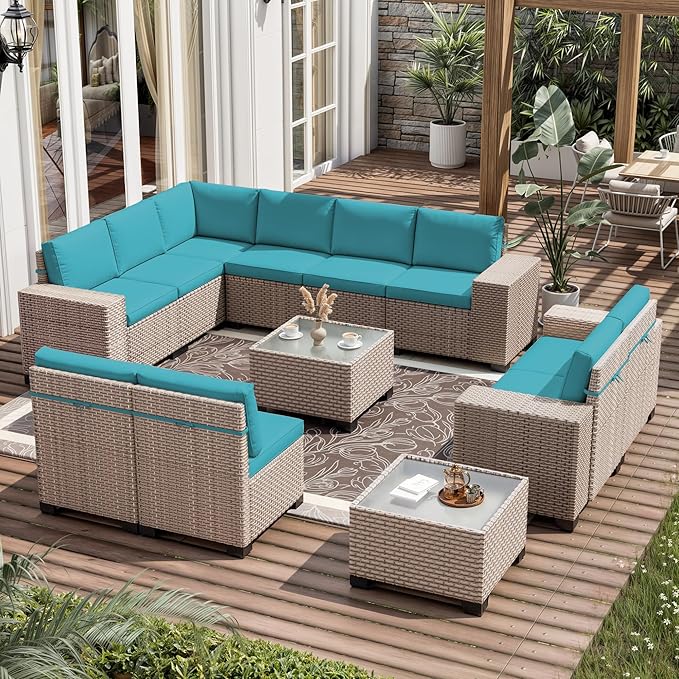 12 Pieces Patio Furniture Set, Outdoor Sectional Wicker Sofa with Thickened Cushions and Coffee Table, High Back Rattan Patio Conversation Sets for Garden Backyard, Cyan
