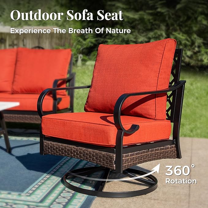 Patio Furniture Set with Firepit Table, Black Frame Outdoor Conversation Set with 2 x Swivel Chairs, 1 x 3-Seat Sofa for Lawn Garden Backyard, Red