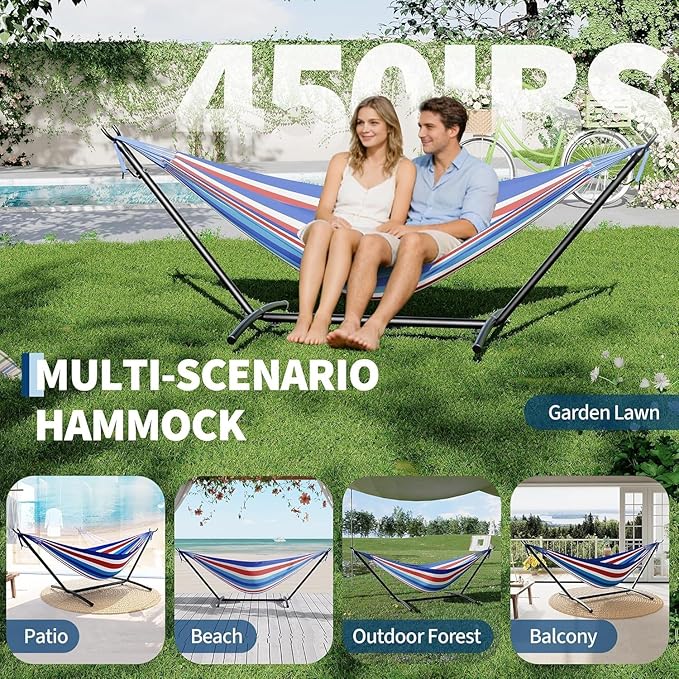 TrailBlaze Double Hammock with Stand, Heavy Duty Portable Steel Hammock Set for Outdoor and Indoor Use, 500lb Capacity, Includes Carrying Bag, Space Saving Design,Quick Assembly