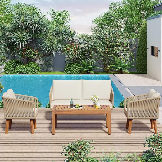 TREXM 4-Piece Patio Conversation Set, Solid Wood Loveseat, 2 Chairs and Table, Outdoor Conversation Group with Cushions for Backyard, Poolside, Garden (Beige Cushion + Natural Rope)
