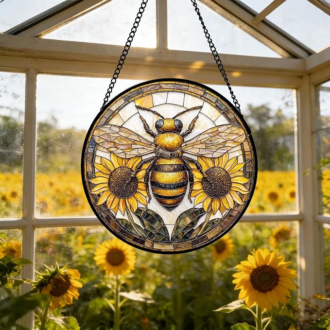 DASTOLL Stained Glass Window Hanging - Bee Sunflower Yellow Suncatcher Ready to Hang Window Doors Home Decoration and Christmas, Mother's Day Birthday Gifts for Women, Men, and Mom 6.3x6.3 in