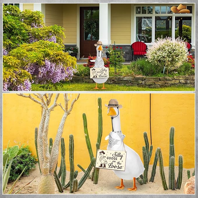 Funny Porch Goose Outfit Decoration Set Silly Goose on The Loose Hangings Sign Cowboy with Outfit Cowboy Hat Bandana for 23" Cement/Plastic Outdoor Statue Patio Yard Lawn Art(White,Khaki)