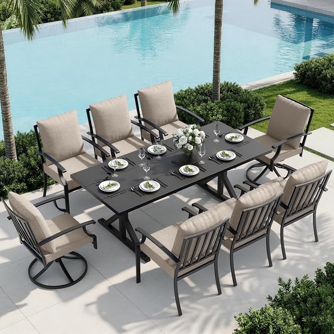 9 Piece Outdoor Dining Set for 8, Metal Patio Table and Chairs with Cushions, Patio Furniture Set with 2 Swivel Chairs, Rectangular Metal Dining Table with Umbrella Hole, Lawn Deck Yard-Sand