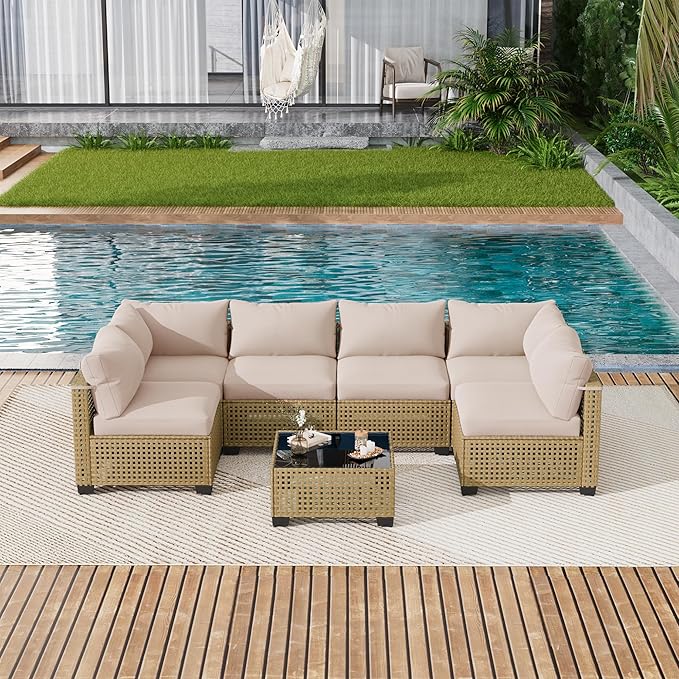 7 Piece Outdoor Patio Furniture Set, Rattan Chairs Glass Table Wicker Conversation Seating Sectional Sofa with Cushions (Yellow-Beige, 7Pcs-Straight Back)