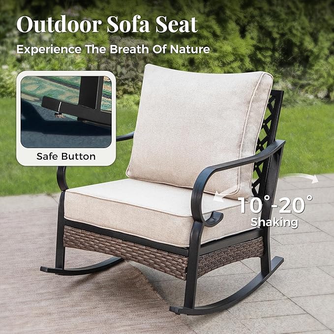 Patio Furniture Set with Firepit Table, Black Frame Outdoor Conversation Set with 2 x Rocking Chair, 1 x 2-Seat Sofa for Lawn Garden Backyard, Beige