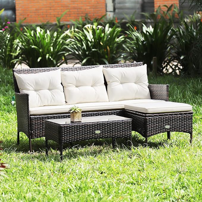 HAPPYGRILL 3PCS Outdoor Rattan Conversation Set Patio Furniture Set with Tempered Glass Coffee Table, 5 Elastic Seat & Back Cushions, Sectional Sofa Set for Poolside Balcony Backyard