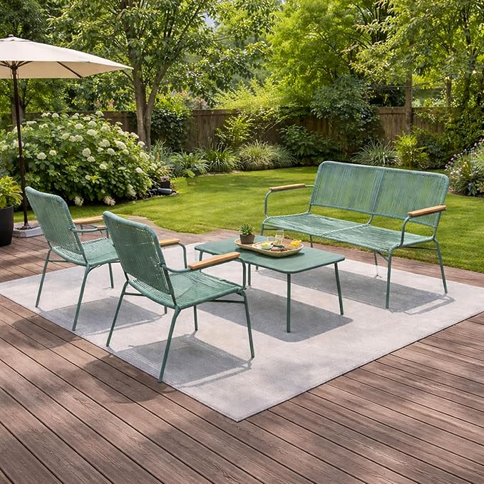 Alpine Corporation VTFAM170A 4-Piece Outdoor Rope Woven Patio Conversation Set – Sofa Bench, 2 Armchairs & Coffee Table – Modern Metal Frame with Wood Armrests – Indoor/Outdoor Seating Set