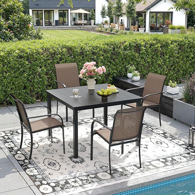 DIFY 5 Pieces Outdoor Patio Dining Set for 4, 40.2" Black Square Metal Dining Table and 4 Brown Stackable Textilene Patio Chairs, Outdoor Table and Chairs for Backyard Garden Poolside