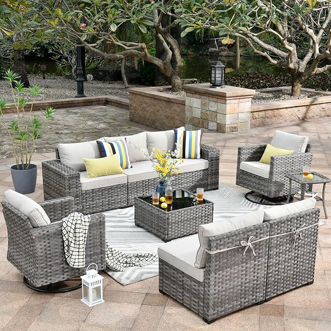 HOOOWOOO Outdoor Patio Sectional Furniture Sofa Set with Swivel Rocking Chairs,9 Piece Modern Wicker Couch with Wide Armrest,Modular Conversation Seating Set for Garden(Beige Tan)