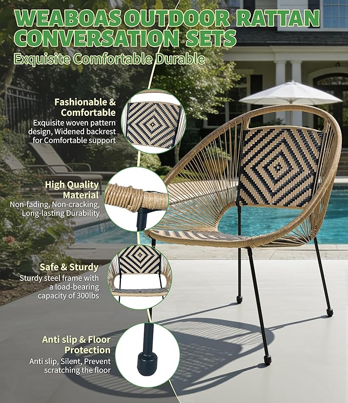 3-Piece Outdoor Patio Bistro Set, Wicker Chairs with Cushions, PE Rattan All-Weather Conversation Set with Coffee Table for Balcony, Porch, Backyard, Poolside, Garden, Deck, Black