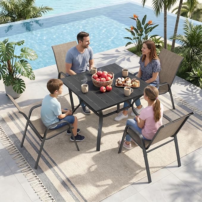Outdoor Dining Set for 4, Patio Metal Table and Chairs Set with 1.97'' Umbrella Hole, 5pcs Patio Furniture Set 37.8”x37.8” Dining Table Set with Stackable Chairs for Backyard Pool Deck