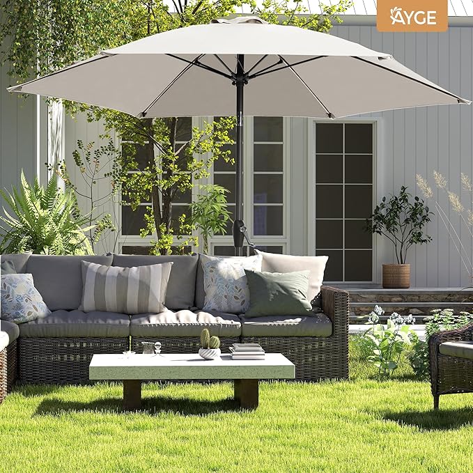 Ayge 7.5FT Large Outdoor Patio Umbrella Market Table Umbrella-UV Resistant,Easy Push Button Tilt and Crank, 6 Sturdy Fiberglass Ribs Heavy-Duty Pool Umbrella for Deck,Backyard,Garden,Yard,Light Grey