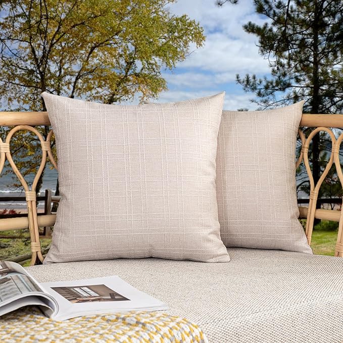 Kevin Textile Outdoor Waterproof 18”x18” Pillow Covers 2 Pack, Light Beige | Water Resistant, Soft Faux Linen-cotton Yarn-dyed Woven Texture Throw Pillow Covers for Tent Patio Garden Couch Sofa
