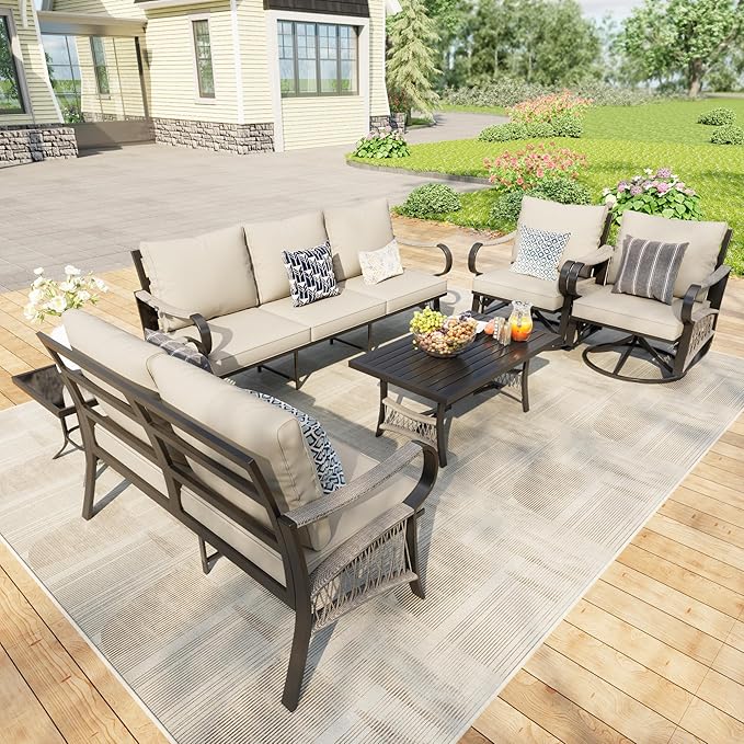 6 Pieces Patio Furniture Set, Metal Outdoor Conversation Sets with Swivel Chairs, Modern Couch Sofa Seating Group with Coffee Table and Side Table (Thick Beige Cushions)