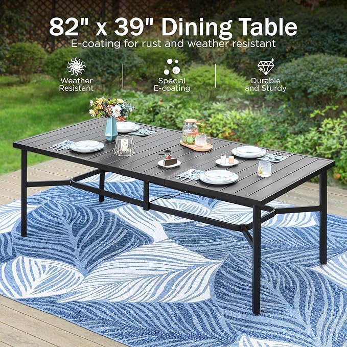 PHI VILLA Outdoor Dining Set for 8, 83" Metal Table w/Umbrella Hole | 9 pcs rectangle black wrought iron furniture set w/ cushions. All weather for patio, deck, yard, porch