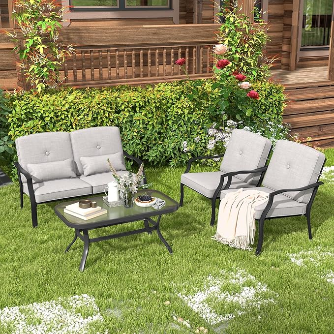 Tangkula 2 Piece Patio Furniture Set, Outdoor Loveseat Chair Set with Seat Back Cushions & Waist Pillows, Tempered Glass Coffee Table, Heavy-Duty Metal Sofa Set for Yard Garden Balcony Poolside