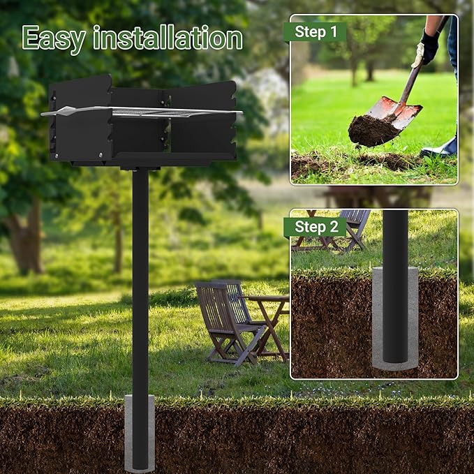 Park Grills, 256 Sq. In, Park Style Charcoal Grill, Heavy Duty In Ground Park Grill with Stainless Steel Cooking Grate and Cover for Commercial and Outdoor Cooking 16'' L x 16'' W x 8'' H