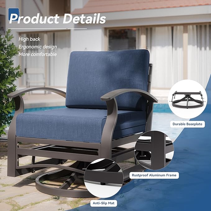 Kurapika 5 Piece Modern Metal Outdoor Conversation Sets, Patio Furniture Set, 4 Aluminum Swivel Chairs w/48in Round Propane Fire Pit Table and Thickened Cushions, Navy Blue