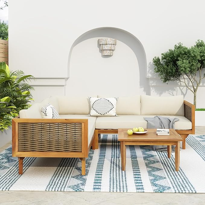 LUMISOL 4-Piece Outdoor Acacia Wood Sofa Set with Water Resistant Cushions, All Weather Patio Conversation Set with Coffee Table for Garden, Backyard, Poolside, Teak+Beige