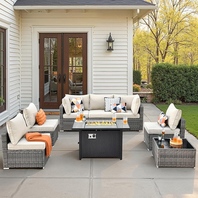 8 PCS Outdoor Patio Furniture Sets with 42'' Fire Pit Table,Wicker Weather Resistant Patio Conversation Set with Comfy Cushions,Modular L Shaped Sofa with Coffee Table for Yard,Beige