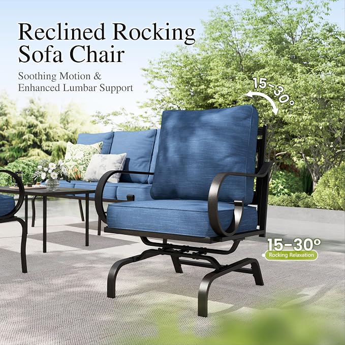 Sophia & William Patio Conversation Set for 5, 3-Seater Sofa, 2 Rocking Chairs and a Coffee Table, Metal Outdoor Furniture with 5.75" Extra Thick Cushions, Navy
