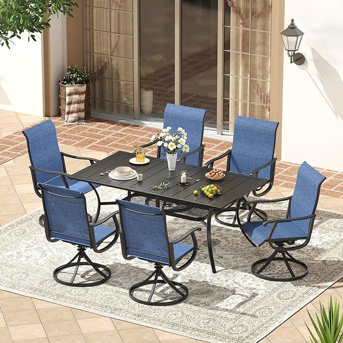 VICLLAX 7 Pieces Patio Outdoor Dining Set, 59" Metal Dining Table with Umbrella Hole and 6 Swivel Textilene Chairs for Lawn,Garden,Porch,Black/Dark Blue
