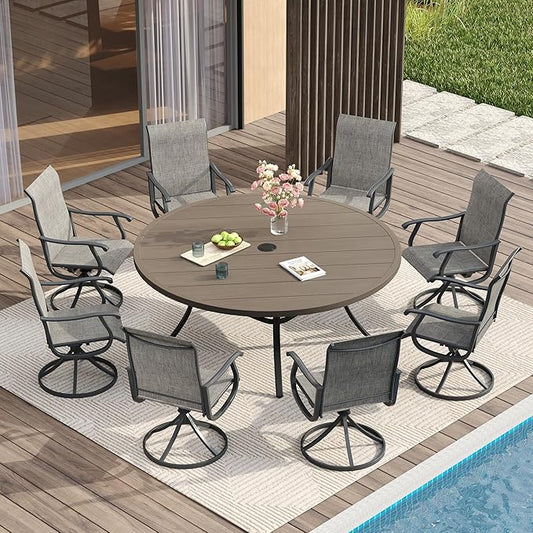 VICLLAX Patio Dining Set for 8, 9 Pieces Outdoor Furniture Includes 60" Round Patio Table with Umbrella Hole and 8 Outdoor Swivel Chairs for Lawn Garden, Grey Wood Grain Tabletop and Grey Fabric