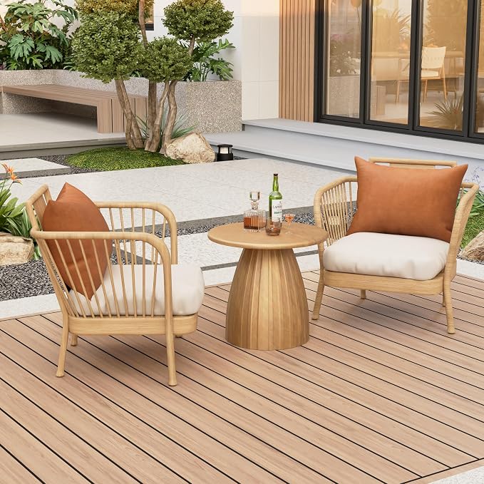 Metal Small Patio Table, Round Outdoor Side Table, Wood Color Outdoor Accent Patio End Table, for Garden, Pool, Deck, Balcony, Yard, Living Room, Weather Resistant, No Assembly