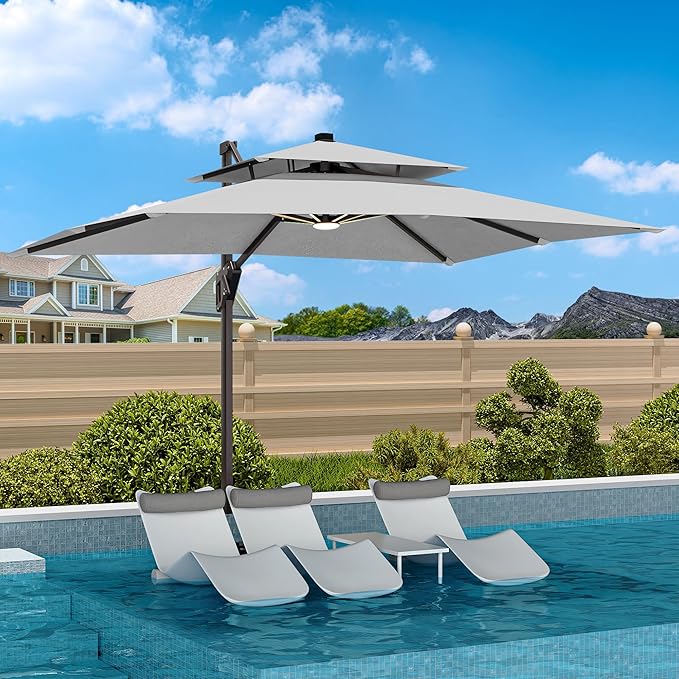 9' X 12' Cantilever Patio Umbrella with Led Lights Double Top Rectangular Outdoor Large Offset Umbrellas with 7 Tilts Adjustable 360°Rotation for Deck Pool Garden Backyard, Fog Grey