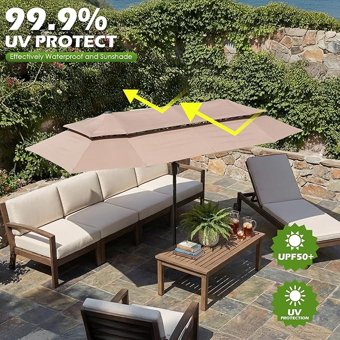 Nice C 13-15FT Large Double Sided Patio Umbrella, Double Layer Market Rectangle Umbrella, Large Deck Umbrella With Crank For Outdoor Poolside Backyard Pool Garden