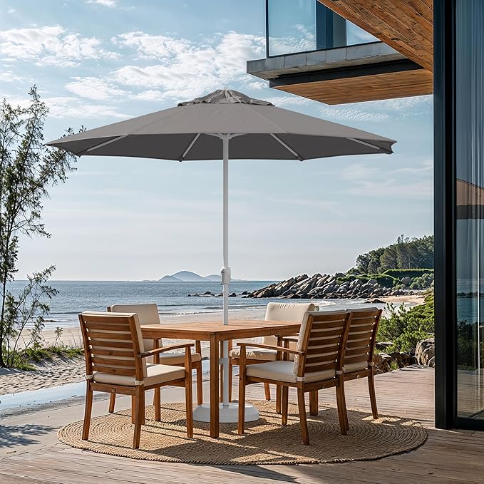 California Umbrella 10-Year Protection 9 Ft Outdoor Patio Umbrella, Pacifica Fade-Resistant Fabric, Auto-Tilt, Heavy Duty Aluminum Frame, 8 Reinforced Ribs for Pool or Deck, White Pole, Taupe