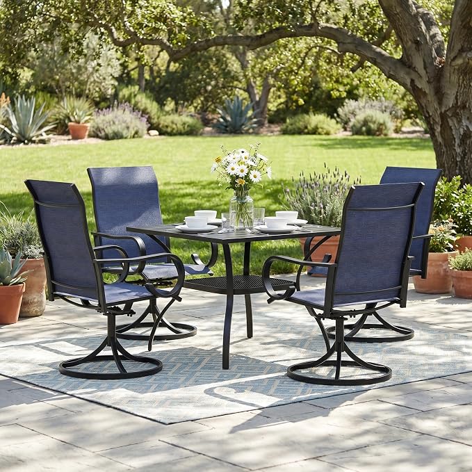 5 Pieces Patio Dining Set, 4 Outdoor Swivel Dining Chairs with 37.8" Square Metal Outdoor Dining Table with Umbrella Hole for Garden Backyard Deck, Dark Blue & Black