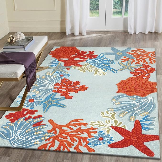 Liora Manne RAVELLA Indoor/Outdoor Hand Tufted Synthetic Blend Durable Area Rug - Contemporary Border Coastal Fish Decorative (Ocean Scene Aqua) (8'3" x 11'6")