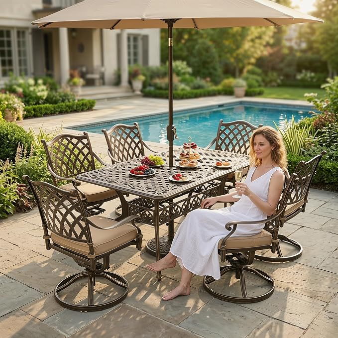7 Piece Outdoor Dining Set Cast Aluminum, Retro Patio Dining Set for 6 Includes 59” Rectangular Table 6 Swivel Chairs with Thicker Cushions and Umbrella Hole for Patio Deck Garden