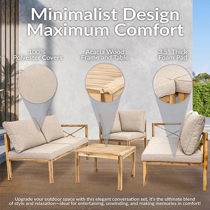 Sunnydaze 4-Piece Acacia Wood Patio Furniture Set - Edisto Outdoor Conversation Set - Wood Outdoor Furniture - Light Brown