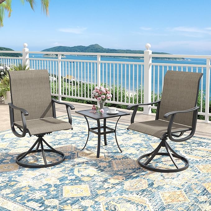 Outdoor Dining Set for 2, 18.1" Metal Square Patio Side Table and Sling Patio Swivel Chairs, 3 Pieces Patio Table and Chairs Set for Garden Backyard, Mixed Brown and Black