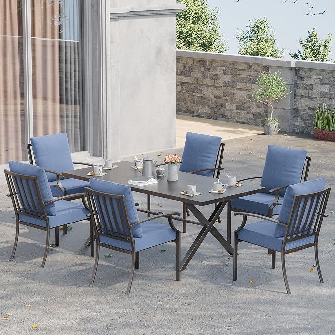 Kurapika 7 Piece Patio Dining Set Outdoor Furniture, Metal Patio Furniture Set 6 Fixed Chairs and Large Table with Umbrella Cutout for Deck Garden Yard Porch, Navy Blue