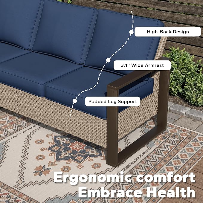 Joyside Outdoor Patio Wicker Sofa, 3-Seater Rattan Sofa with Thick Olefin Cushions and Metal Steel Rectangular Framed Armrest -Looking Metal Armrest Suitable for Garden, Backyard, Porch, Deck, Blue