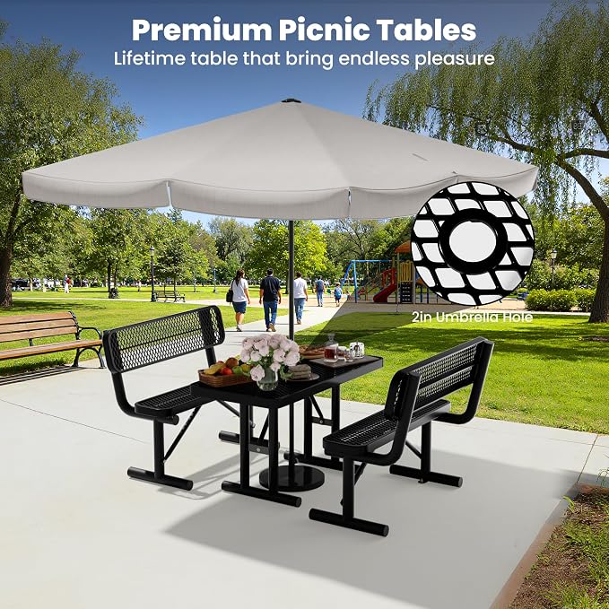 4FT Outdoor Metal Picnic Table with 2 Benches,Heavy Duty Rectangular Picnic Table Set for Outside, Waterproof Commercial Restaurant Table Furniture for Park, Campfield, Patio, Garden, Yard