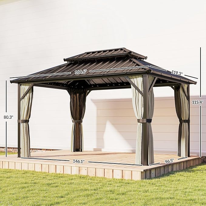 Outsunny 10' x 14' Hardtop Gazebo with UPF50+ Double Galvanized Steel Roof Canopy, Aluminum Frame Permanent Outdoor Gazebo with Curtains and Netting, Ceiling Hooks, Brown