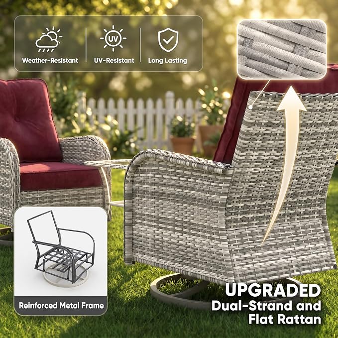 9-Piece Small Patio Furniture Set, Outdoor Swivel Rocking Chairs Set with 55,000 BTU Fire Pit Table Wicker Chairs and Ottomans, Patio Bistro Set for Balcony, Deck, Porch, Red