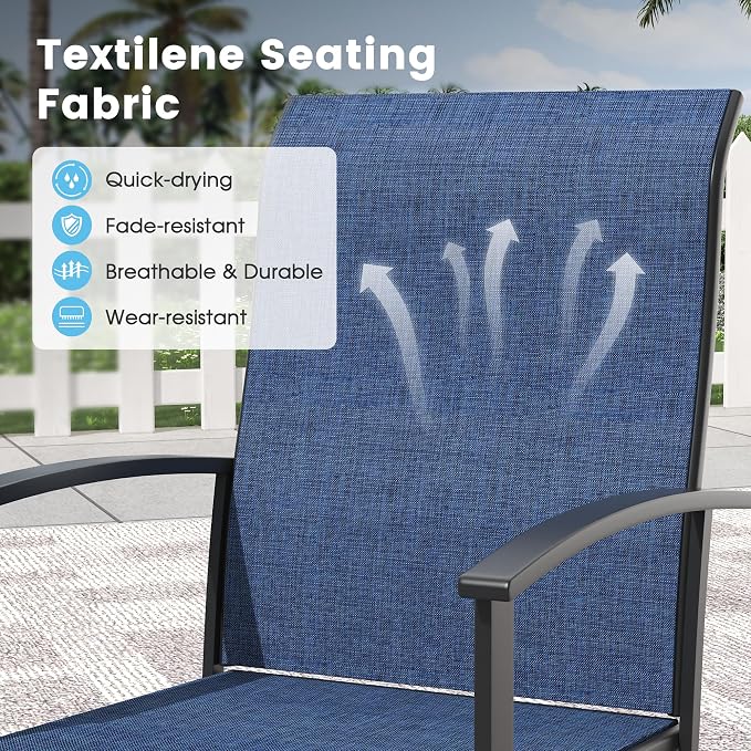 5 Pieces Outdoor Patio Dining Set, 37.8" All Weather Square Metal Table with Umbrella Hole and Storage Shelf, 4 High Back Textilene Swivel Chairs for Garden, Lawn, Black Table & Blue Chairs