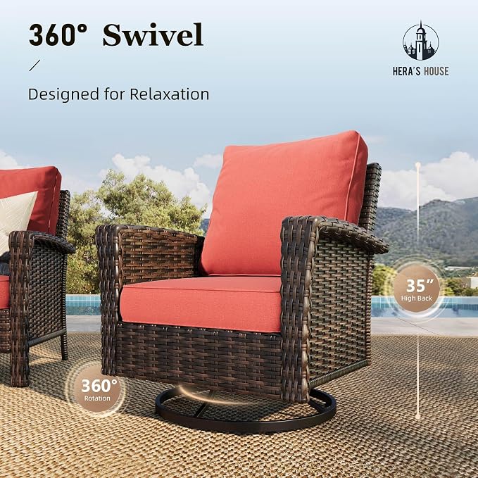 HERA'S HOUSE 5-Piece Patio Furniture Set with Outdoor Swivel Chairs & Fire Pit, High Back Wicker Conversation Sets with 5.5" Thick Cushions, All-Weather Deep Seating Sofa, Red