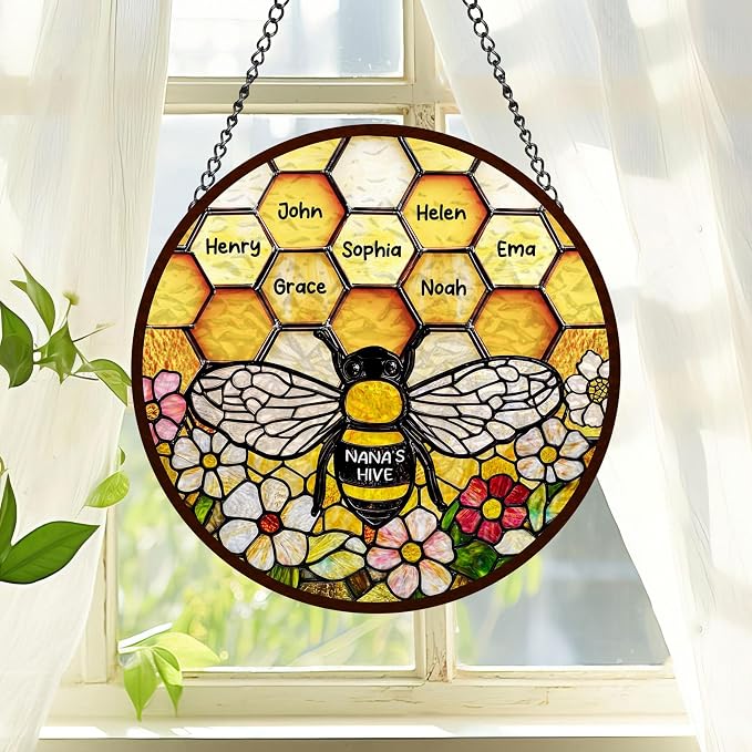 LOVELYPOD Custom Grandma’s Bee Stained Glass Sun Catcher, Personalized Window Hanging Sun Catcher with Kids Name, Nana’s Blessings, Gifts for Mom Grandma, Personalized for Grandma